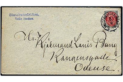 8 øre Tofarvet på brev fra Statsbanedriften / Veile Station annulleret med lapidar bureaustempel Fredericia - Aalborg d. 3.8.1896 til Odense.