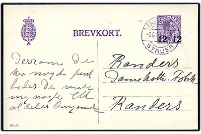 12/15 øre provisorisk helsagsbrevkort (fabr. 80-H) fra Tarm annulleret med bureaustempel Fredericia - Struer T.1029 d. 3.6.1926 til Randers.