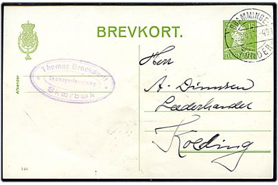 15 øre Chr. X helsagsbrevkort (fabr. 146) fra Skærbæk annulleret med bureaustempel Bramminge - Tønder sn2 T.498 d. 2.8.1943 til Kolding.