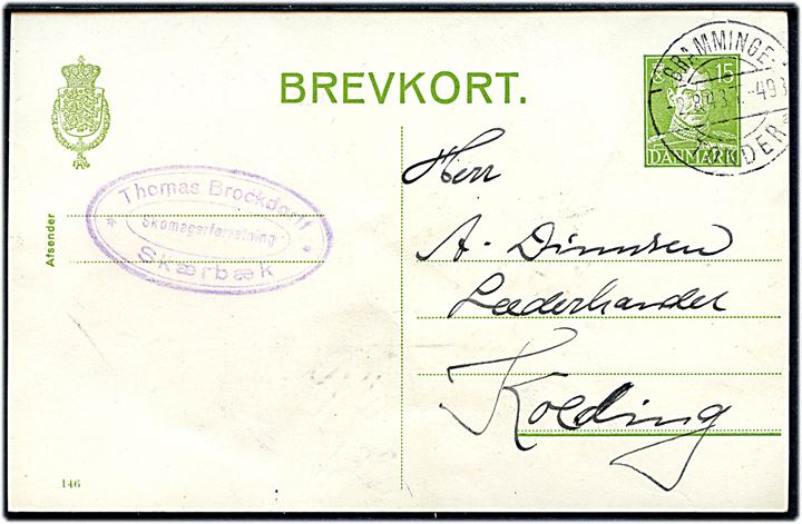 15 øre Chr. X helsagsbrevkort (fabr. 146) fra Skærbæk annulleret med bureaustempel Bramminge - Tønder sn2 T.498 d. 2.8.1943 til Kolding.