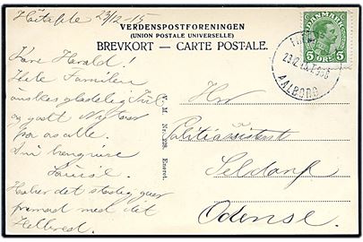 5 øre Chr. X på brevkort annulleret med bureaustempel Fredericia - Aalborg T.968 d. 23.12.1915 til Odense.