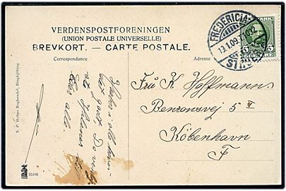 5 øre Fr. VIII på brevkort (Stranden ved Holmsland klit) annulleret med bureaustempel Fredericia - Struer.A. T. 1032 d. 19.1.1909 til København.