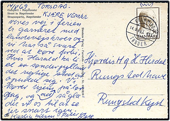 50 øre Fr. IX 70 år på brevkort fra Møgeltønder annulleret med bureaustempel Bramming - Tønder T.493 d. 14.8.1969 til Rungsted Kyst.