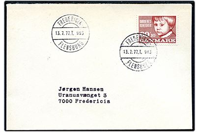 60+10 øre Børnenes Kontor på brev annulleret med bureaustempel Fredericia - Flensburg T.993 d. 13.7.1977 til Fredericia.