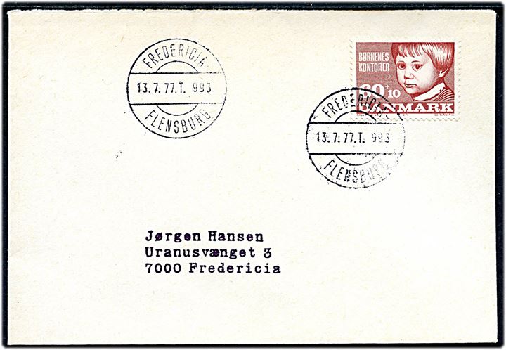 60+10 øre Børnenes Kontor på brev annulleret med bureaustempel Fredericia - Flensburg T.993 d. 13.7.1977 til Fredericia.