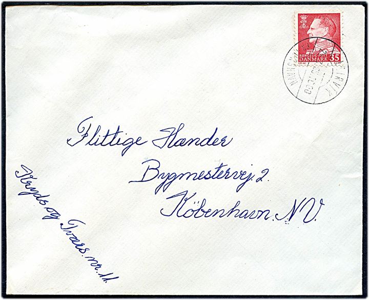 35 øre Fr. IX på brev annulleret med pr.-stempel Leirvik pr. Tórshavn d. 25.3.1965 til København.