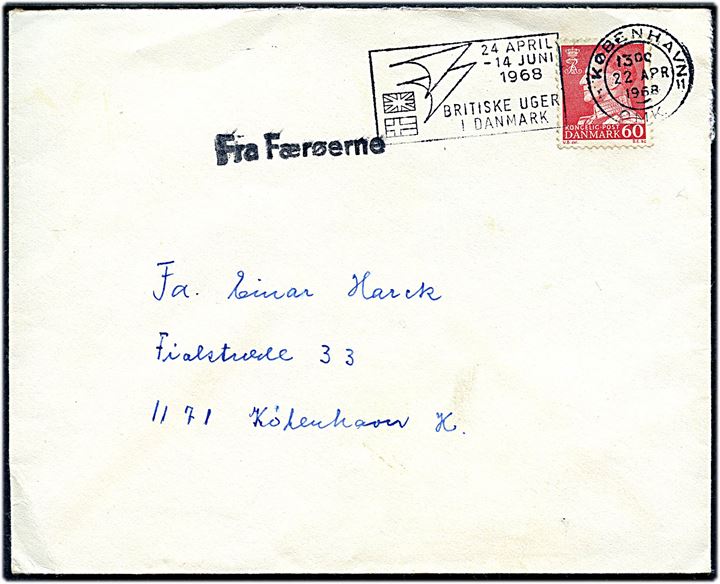 60 øre Fr. IX på brev fra Porkeri annulleret med TMS Britiske uger i Danmark/København OMK.11 d. 22.4.1968 og sidestemplet Fra Færøerne til København.