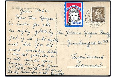 40 øre Fr. IX og Barnahjalpin Føroyar mærke på brevkort annulleret med pr.-stempel Skopun pr. Tórshavn d. 15.12.1966 til Frederikssund, Danmark.