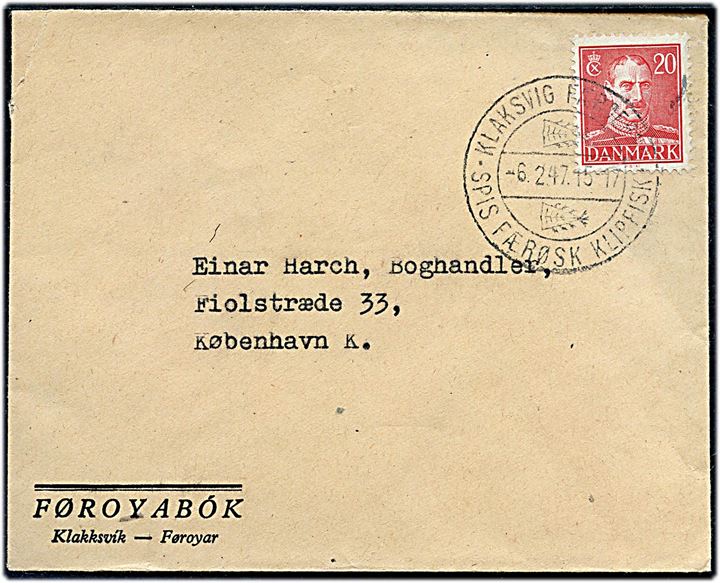 20 øre Chr. X på brev annulleret med klipfiskstempel Klaksvig Færøerne d. 6.2.1947 til København.