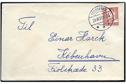 30 øre Fr. IX på brev annulleret brotype IId Thorshavn d. 20.10.1954 til København.