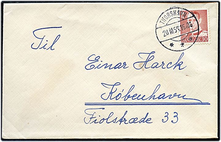 30 øre Fr. IX på brev annulleret brotype IId Thorshavn d. 20.10.1954 til København.