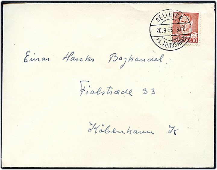 30 øre Fr. IX på brev annulleret med pr.-stempel Selletræ pr. Thorshavn d. 20.9.1955 til København.