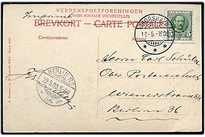 5 øre Fr. VIII på brevkort (Tindholmen) sendt som tryksag med brotype Ig Thorshavn d. 12.5.1908 til Berlin, Tyskland.
