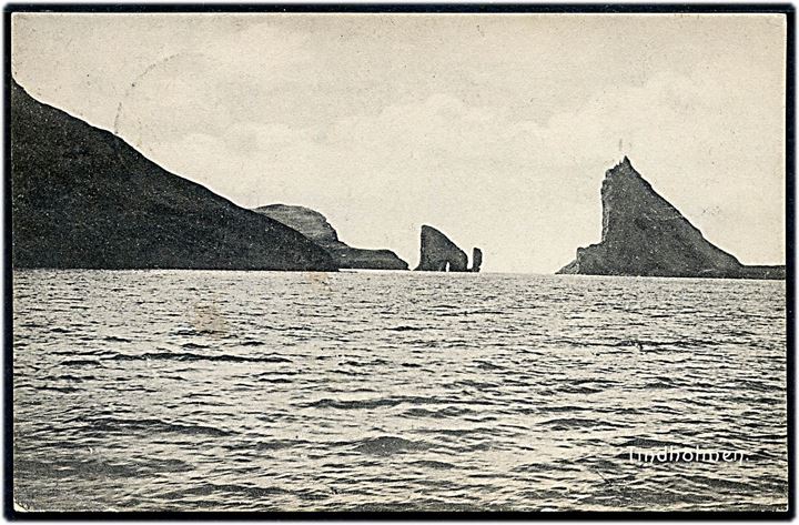 5 øre Fr. VIII på brevkort (Tindholmen) sendt som tryksag med brotype Ig Thorshavn d. 12.5.1908 til Berlin, Tyskland.