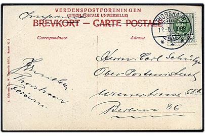 5 øre Fr. VIII på brevkort (Videreide) sendt som tryksag med brotype Ig Thorshavn d. 12.5.1908 til Berlin, Tyskland.