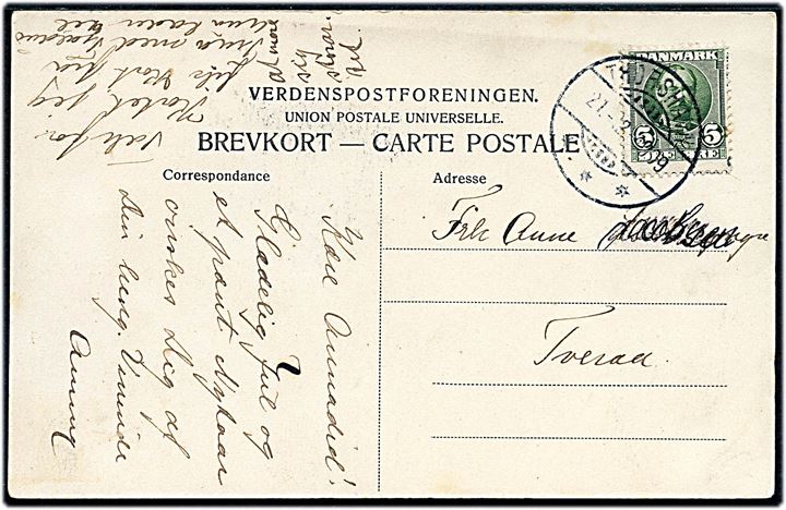 5 øre Fr. VIII på brevkort annulleret med brotype Ig Thorshavn d. 21.12.1909 til Tveraa. Modtagernavn overstreget.