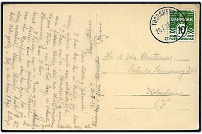10 øre Bølgelinie på brevkort (Aarvegur, Tórshavn) annulleret med brotype IIIb Thorshavn d. 28.7.1928 til København.