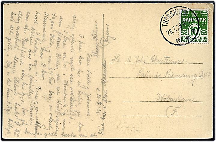 10 øre Bølgelinie på brevkort (Aarvegur, Tórshavn) annulleret med brotype IIIb Thorshavn d. 28.7.1928 til København.