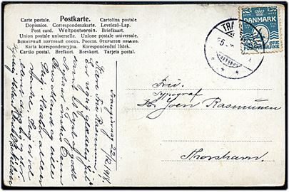 4 øre Bølgelinie på brevkort annulleret med brotype Ig Trangisvaag d. 25.12.1918 til Thorshavn. Overfrankeret med 1 øre.