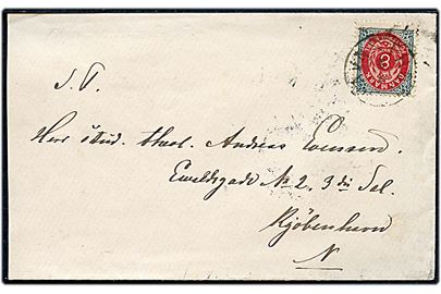 8 øre Tofarvet på brev annulleret lapidar Thorshavn d. 3.5.1895 til Kjøbenhavn. På bagsiden ank.stemplet K. OMB.2 d. 14.5.1895.