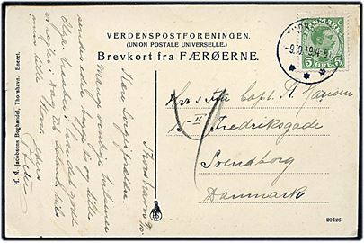 5 øre Chr. X på underfrankeret brevkort (Thorshavn Vestrevaag) annulleret Thorshavn d. 9.10.1919 til Svendborg. Udtakseret i 4 øre porto. Porto fra landsporto brevkort steg pr. 1.10.1919 fra 7 til 10 øre således at kortet skulle have været udtakseret i 10 øre porto, men da portostigningen først trådte i kraft på Færøerne pr. 15.10.1919 er porto kun beregnet til 4 øre for manglende 2 øre frankering.