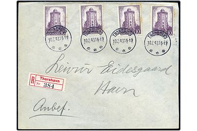 10 øre Rundetårn (4) på 40 øre frankeret lokalt anbefalet brev annulleret med brotype IIIc Thorshavn d. 10.2.1943.