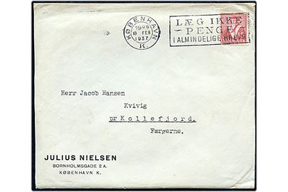 15 øre Tavsen på brev fra København d. 18.2.1937 til Kvivig pr. Kollefjord, Færøerne.