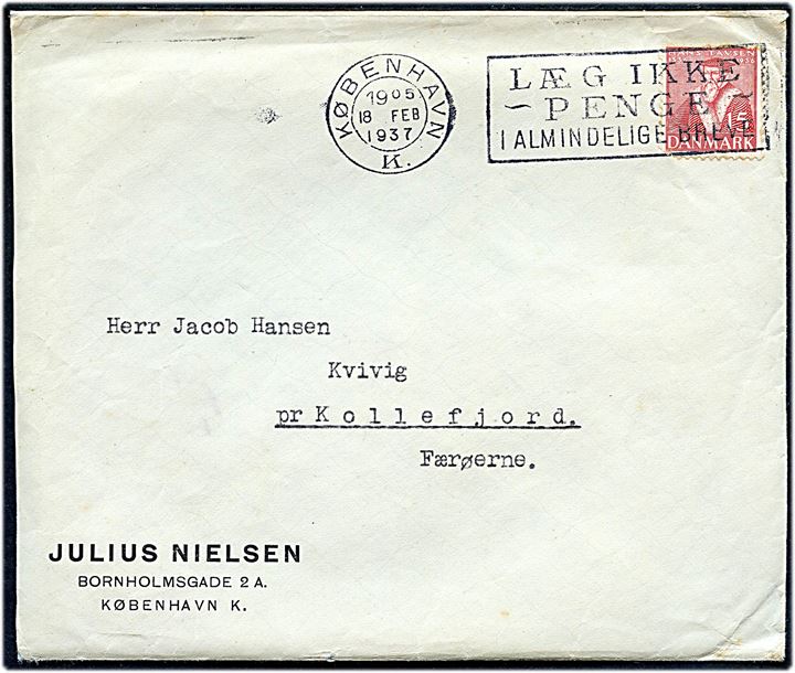 15 øre Tavsen på brev fra København d. 18.2.1937 til Kvivig pr. Kollefjord, Færøerne.