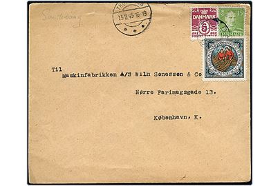 5 øre Bølgelinie (defekt), 15 øre Chr. X og Indre Mission mærkat på brev annulleret med svagt udslebet stjernestempel SANDEVAAG og sidestemplet Thorshavn d. 15.12.1945 til København.