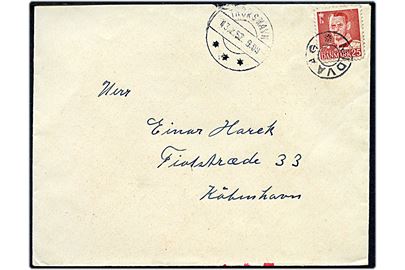 25 øre Fr. IX (kort hj.tak) på brev annulleret med udslebet stjernestempel MIDVAAG og sidestemplet Thorshavn d. 13.2.1952 til København. Rødt ombæringskontrol stempel.