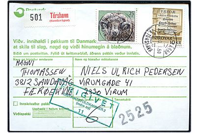 10 kr. Skrifter og 25 kr. Vædder på adressekort for pakke annulleret med pr.-stempel Sandavágur pr. Tórshavn d. 24.1.1983 til Virum.