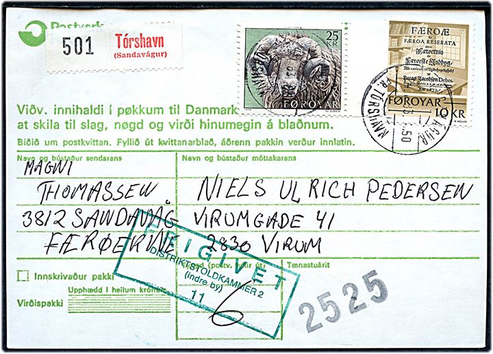 10 kr. Skrifter og 25 kr. Vædder på adressekort for pakke annulleret med pr.-stempel Sandavágur pr. Tórshavn d. 24.1.1983 til Virum.