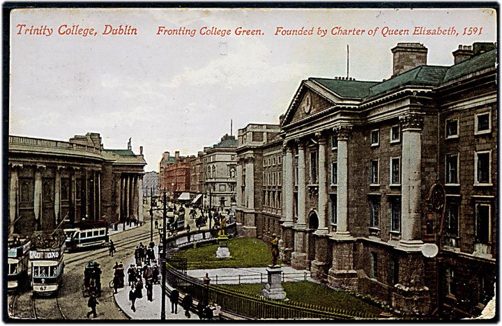 Britisk 1d George V på brevkort (Trinity College, Dublin) påskrevet via Leith fra Dublin d. 11.2.1914 til Trangisvaag, Færøerne - eftersendt til Sumbø Fyr. Del af modtageradresse overstreget.