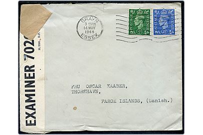 Britisk ½d og 2½d George VI på brev fra Grays d. 14.5.1944 til Thorshavn, Færøerne. Åbnet af britisk censur PC90/7020.