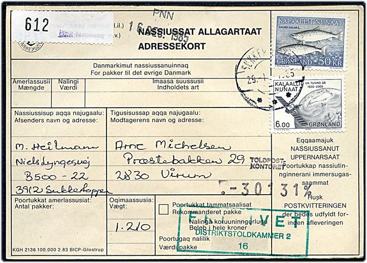 6 kr. 1000 års udg. og 50 kr. Skællaks på adressekort for pakke fra Sukkertoppen d. 29.1.1985 til Virum.