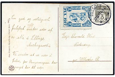 3 øre Bølgelinie og 5 øre Belgiske Børn Jul 1917 på lokalt brevkort (Postbude på station med damptog) annulleret med brotype IIIb Ullerslev d. 23.12.1917 til Korkendrup pr. Ullerslev.