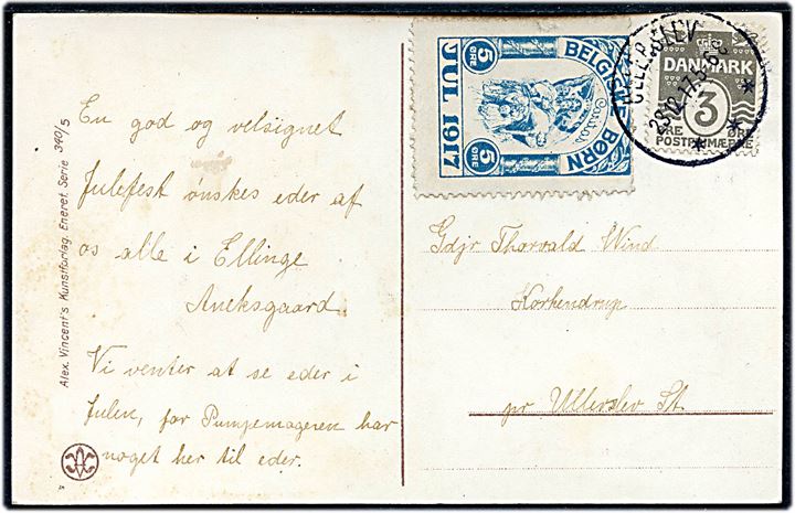 3 øre Bølgelinie og 5 øre Belgiske Børn Jul 1917 på lokalt brevkort (Postbude på station med damptog) annulleret med brotype IIIb Ullerslev d. 23.12.1917 til Korkendrup pr. Ullerslev.
