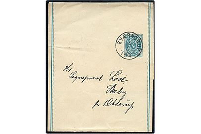 4 øre helsagskorsbånd annulleret med lapidar Kværndrup d. 8.5.1896 til Skeby pr. Otterup.