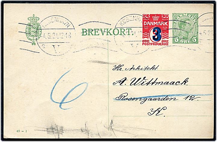 5+3/2 øre provisorisk helsagsbrevkort (fabr. 49-I) sendt lokalt i København d. 4.5.1921.
