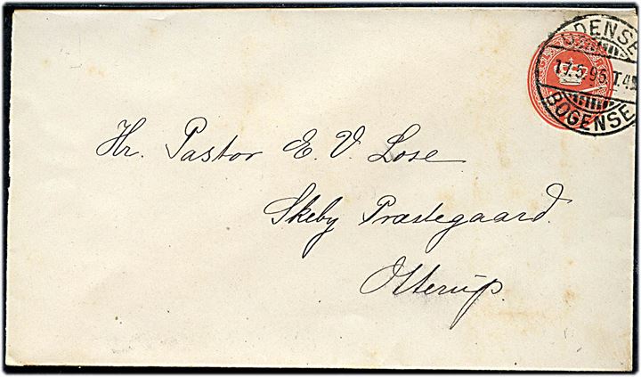 8 øre helsagskuvert annulleret med bureaustempel Odense - Bogense T.4 d. 17.5.1895 til Skeby pr. Otterup.