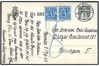8 øre helsagsbrevkort (fabr. 78-H) sendt underfrankeret fra Roskilde d. 17.8.1926 til København. Udtakseret i porto med 4 øre Portomærke i parstykke stemplet Kjøbenhavn F. d. 18.8.1926.