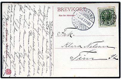 5 øre Fr. VIII på brevkort annulleret med stjernestempel VILDBJERG og sidestemplet bureau Herning - Holstebro T.1190 d. 15.2.1908 til Tim.