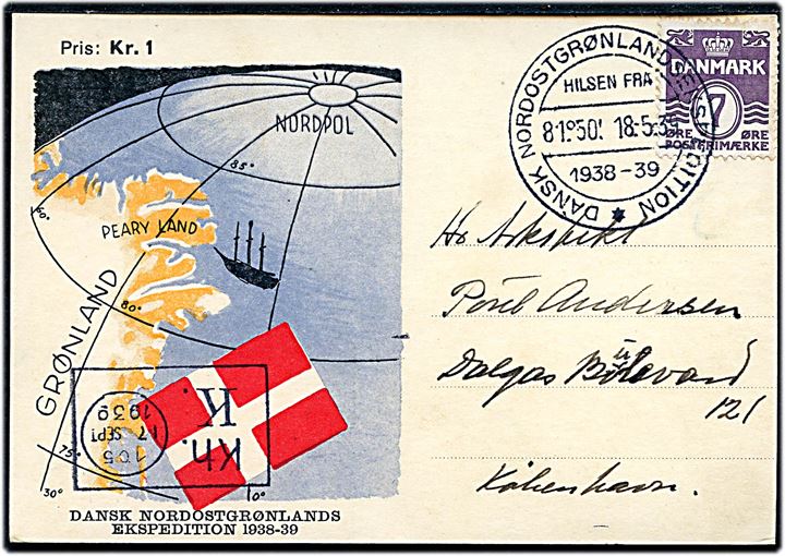 7 øre Bølgelinie på ekspeditionskort annulleret med særstempel Dansk Nordostgrønlandsekspedition d. 18.5.1939 til København. Ank.stemplet med blanketmaskinstempel Kh. K. d. 17.9.1939.