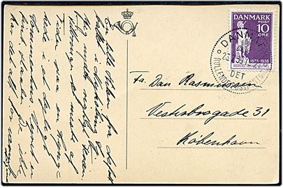 10 øre Thorvaldsen på brevkort annulleret med særstempel Danmark * Det rullende Postkontor * d. 26.7.1939 til København. Det rullende postkontor var opstillet i Nykøbing S. d. 26.7.1939 i forb. med asfaltbal.