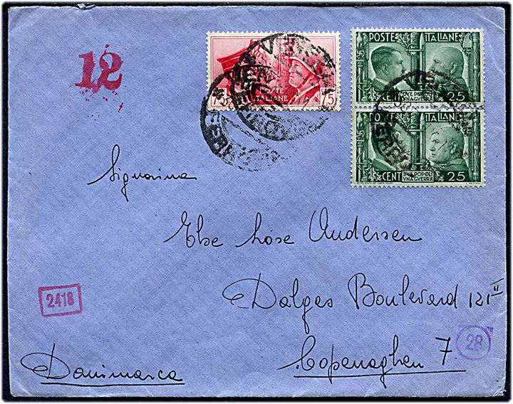 25 c. (par) og 75 c. Hitler / Mussolini udg. på brev fra Venezia d. 30.7.1941 til København, Danmark. Åbnet af tysk censur i München. 