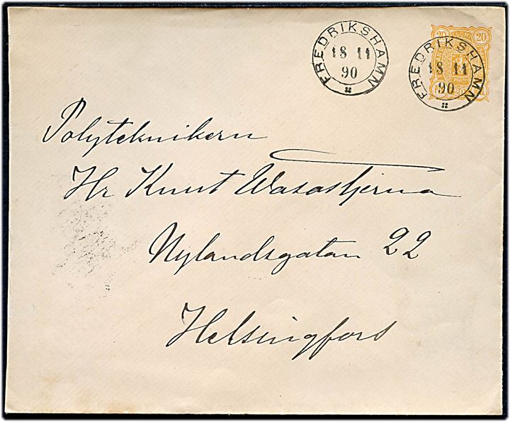 20 pen. Våben helsagskuvert annulleret med 2-ringsstempel Frederikshamn d. 18.11.1890 til Helsingfors.