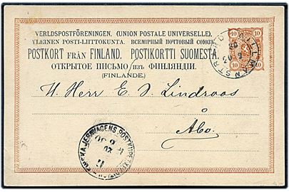 10 pen. Våben helsagsbrevkort stemplet Willmanstrand d. 20.9.1880 via bureau Finska Jernvägens Postkupeexped. no. 17 til Åbo.