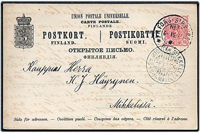 10 pen helsagsbrevkort annulleret med bureaustempel H.Fors - St. Burg No. 2 d. 6.3.1895 til Mikkeli, Finland.