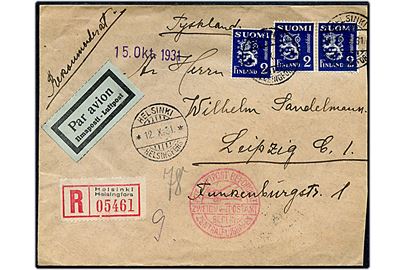 2 mk. Løve (3) på anbefalet luftpostbrev fra Helsinki d. 12.10.1931 via Berlin til Leipzig, Tyskland. Luftpost stempel: Mit Luftpost befördert Zweigluftpostamt Berlin Zentralflughafen.