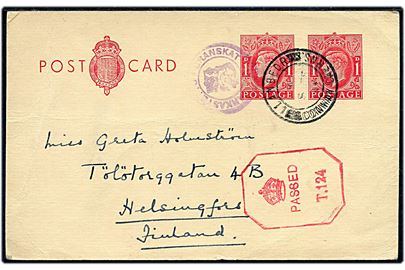 1d+1d George VI provisorisk helsagsbrevkort fra Llanbedr d. 8.2.1940 til Helsingfors, Finland. Både britisk censur Passed T.124 og finsk censur.